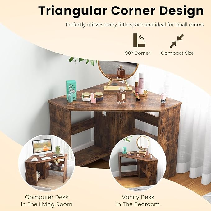 GOFLAME Corner Desk with Storage Shelves Triangular Computer Desk with Cable Management Holes Laptop Workstation for Small Space Makeup Vanity Desk for Living Room Study Rustic Brown