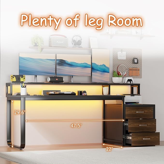 HOMBCK 67 Computer Desk with 3 Drawers Home Office Desk with Long Monitor Stand and Printer Space Office Desk with Storage &amp LED Lights Writing Desk with Drawers Black and Walnut