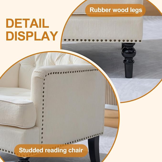 Mid Century Modern Accent Chair Upholstered Armchair for Adults with Button Linen Reading Chair with Studded and Rubber Wood Legs for Living Room Bedroom Apartment Office (Beige)