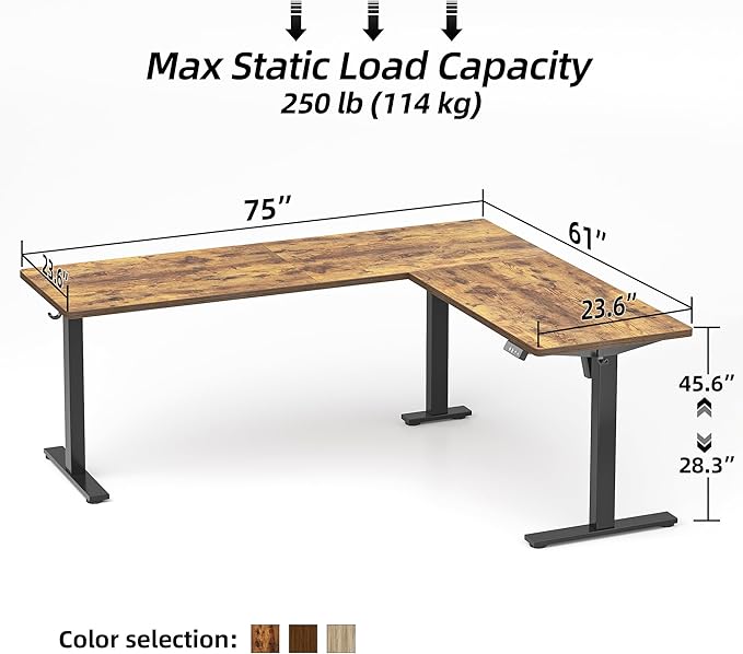 TIQLAB 75 x 61 inch L Shaped Standing Desk Adjustable Height Electric Corner Standing Desk Sit Stand Computer Table with Splice Board Rustic Brown