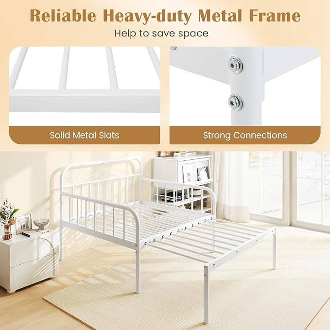 Giantex Metal Twin Bed Frame Convertible Sofa Bed with Headboard &amp Armrests Pull-Out Sleeper Chair Bed for Small Spaces Dorm Guest Apartment Suitable for Folding Sofa Mattress White