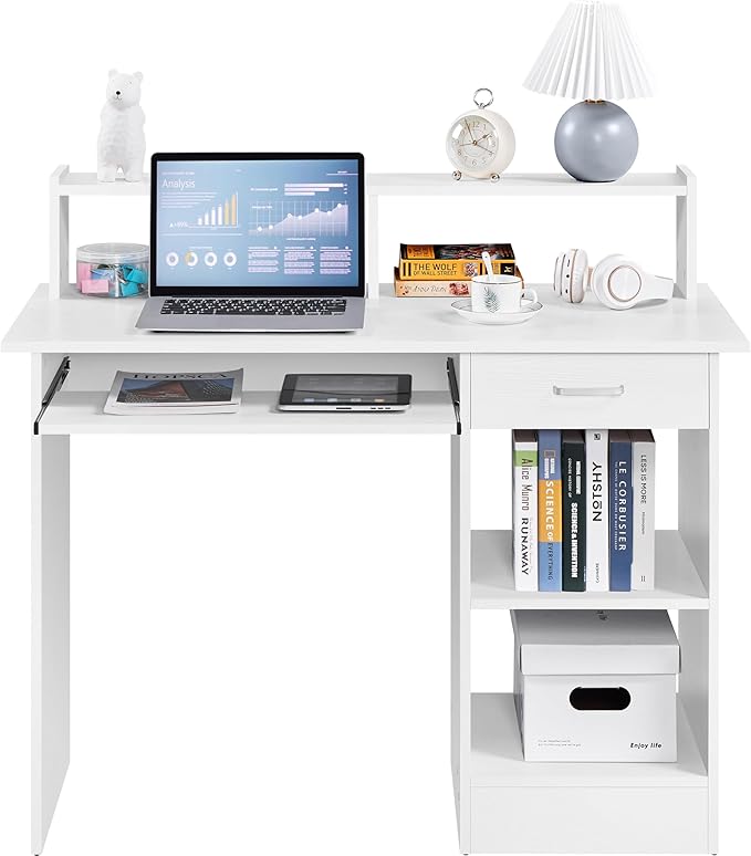 Yaheetech Desk with Keyboard Tray Home Office Computer Desk Wooden PC Laptop Desk Morden Sturdy Study Writing Table White