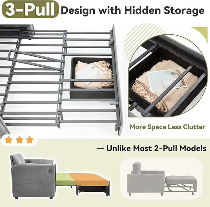 3-in-1 Convertible Sleeper Sofa Bed 62.9 W x 87 L Couch with Pull Out Bed with 6-Position BackrestHidden Storage &amp USB for Living RoomLight Grey
