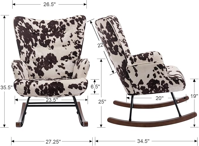 EALSON Nursery Rocking Chair Fabric Upholstered Rocker Chair Tufted Wingback Accent Chair with Wooden Base Modern Comfy Lounge Armchair for Bedroom Living Room Cow