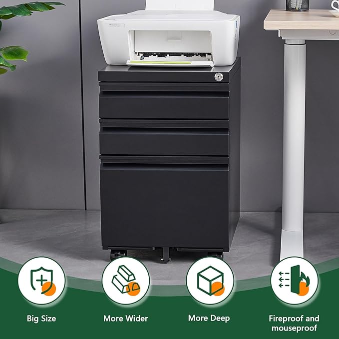 Fully Assembled 3 Drawer File Cabinet for Under Desk File Cabinet with 5 Casters &amp Smooth Gliding for Home Office Legal Letter and A4 Files One Lock (Black)