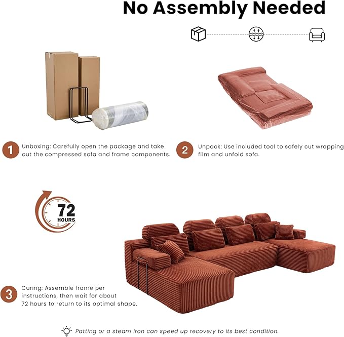141 Boneless Couch with Reversible Chaise U Shaped Sectional Couches for Living Room Modular Sectional Sofa 28 Deep Seat Corduroy Couch Reversible Chaise Couch in a Box Orange