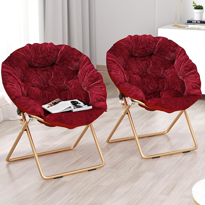 Foldable Oversized Moon Chairs Set of 2 Large Soft Lazy Cozy Comfortable Faux Fur Round Saucer Moon Chairs Set of 2 for Teens and Adults Burgundy