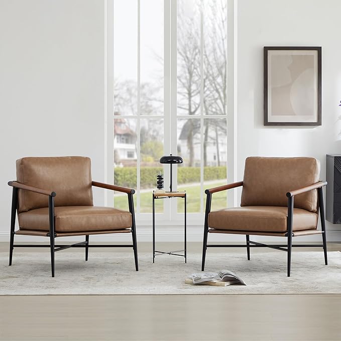 Watson &amp Whitely Accent Chairs Set of 2 Mid Century Arm Chair for Living Room Bedroom Modern Reading Chair Upholstered Lounge Armchair with Metal Frame &amp Wooden Armrests Faux Leather in Bro