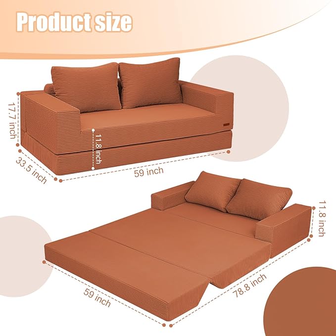 COMAX Convertible Sofa Bed Queen Corduroy Folding Floor Couch Pull Out Couch Bed Futon Sleeper with Pillows Fold Out Boneless Sofa Comfy Lounge Mattress Loveseat for Living Room Bedroom