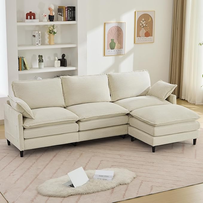 SAMERY 113 Modular Sectional Sofa Comfy Cloud Couch with Movable Ottoman Pillows Deep Seat Corduroy Modular Sofa L Shaped Cloud Sectional Couches for Living Room Bedroom Apartment Beige