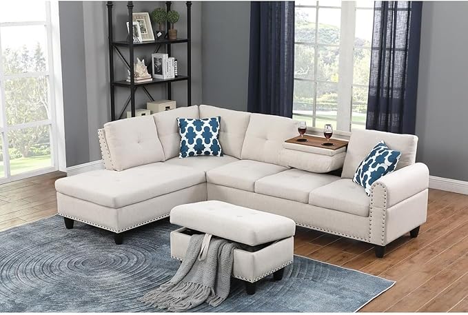 Sophisticated Simplicity Sectional Sofa with Ottoman Living Room Set Left Facing Chaise 2 Cup Holders 2 Throw Pillows Tufted Back and Seat - 99.5 D x 67 W x 32 H Beige