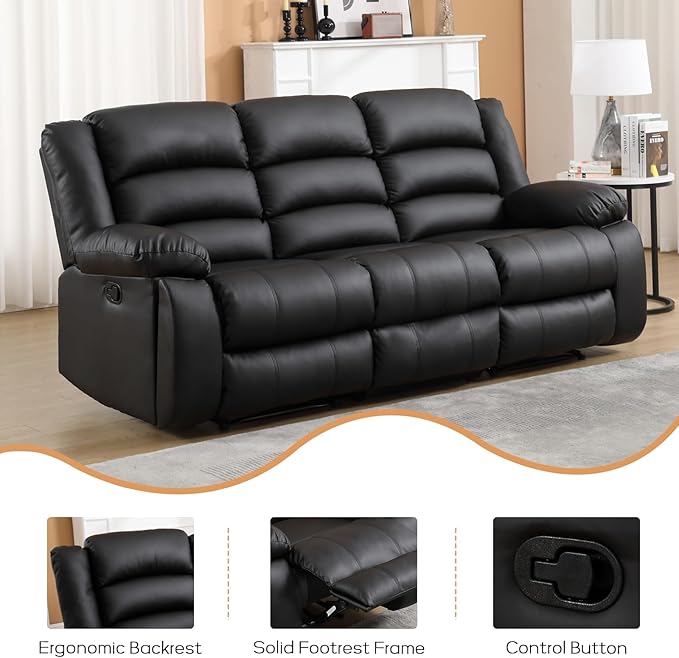 EBELLO Faux Leather Manual Reclining Sofa with 2 Concealed Cup Holders Overstuffed Armrest 3 Seat Recliner Sofa Couch for Living Room Meeting Room Bedroom Black