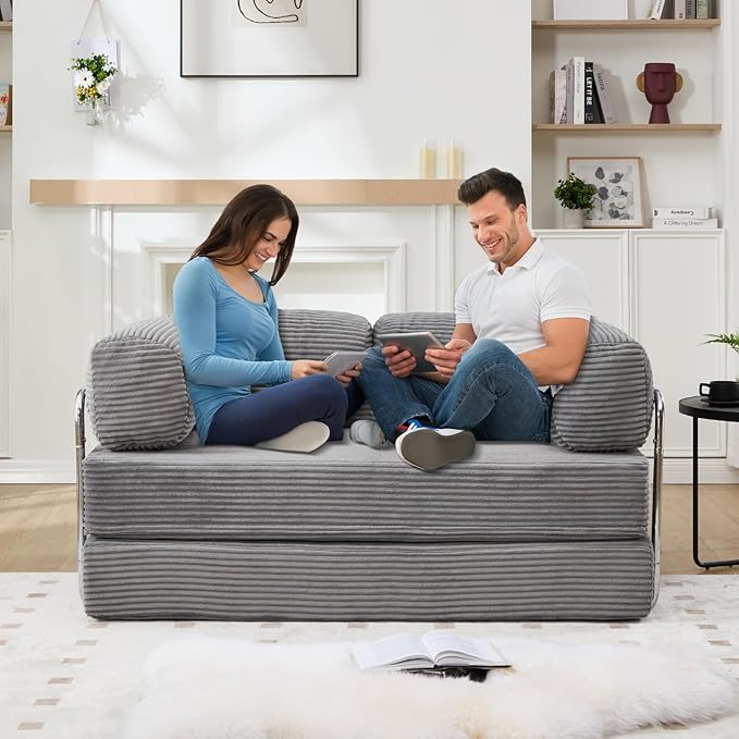 5-in-1 Convertible Sofa Bed 79 Corduroy Folding Sleeper Couch Bed with Steel Frames Boneless Foldable Floor Sofa Bed for Living Room Guest Room No Assembly (Grey)