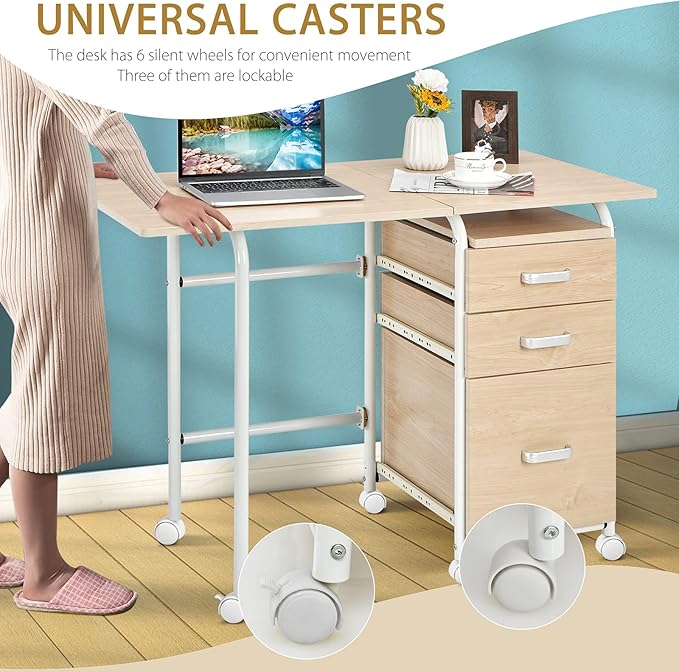 Tangkula Folding Computer Desk with 3 Storage Drawers Mobile Home Office Desk Study Writing Desk with Smooth Wheels Space Saving Compact Desk for Dorm Apartment Rolling Folding Desk Table