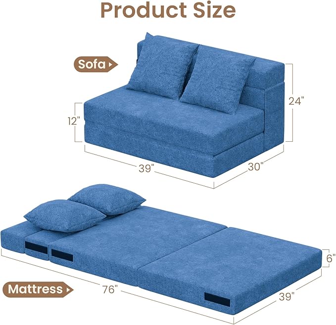 5-in-1 Convertible Folding Sofa Bed - Sleeper Chair with Pillows Fold Out Chair Bed Futon Couch Foldable Floor Mattress for Living Room/Dorm/Guest Use/Home Office/Apartment Twin Navy Blue