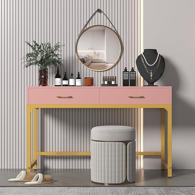 WESTREE Women Makeup Vanity Desk with 2 Drawers - Bedroom Home Office Desk Wooden Height Monitor Stand &amp Storage Shelf Without Mirror Pink Table Great Gift for Her