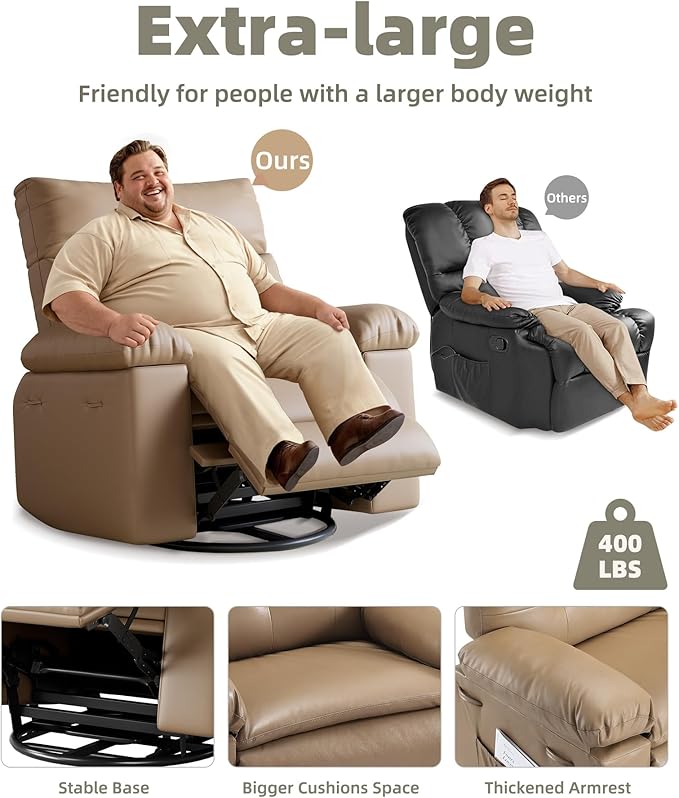Garvee Oversized Wide Rocker Swivel Recliner Chair - PU Leather Manual Recliner for Adults Large Nursery Glider Chair Lazy Recliner with Comfort Arm and Back for Living Room Bedroom