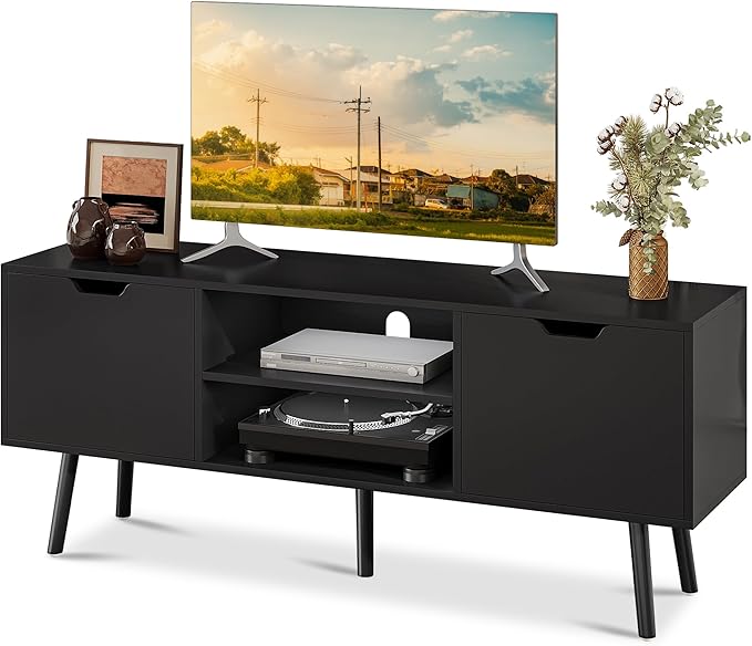 ALINE FURNITURE Black TV Stand for 50 55 60+ inch TVs - Media Console with 2 Cabinets &amp Open Shelves Solid Wood Legs - TV Consoles for Living Room - 22 H Entertainment Center for Bedroom