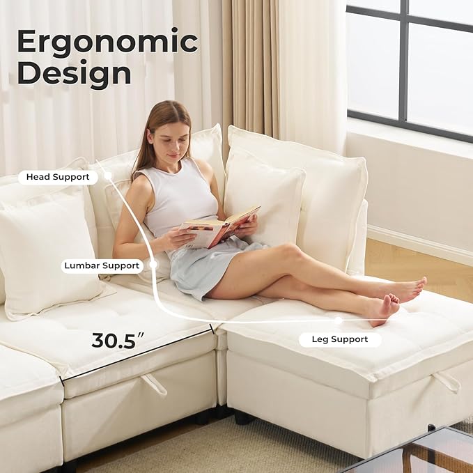 103 Modular Sectional Sofa L-Shaped Corduroy Comfy Sectional Couches for Living Room 3-Seater Cloud Couches with 1 Ottoman Modern Deep Seat Sofa with Large Storage Beige