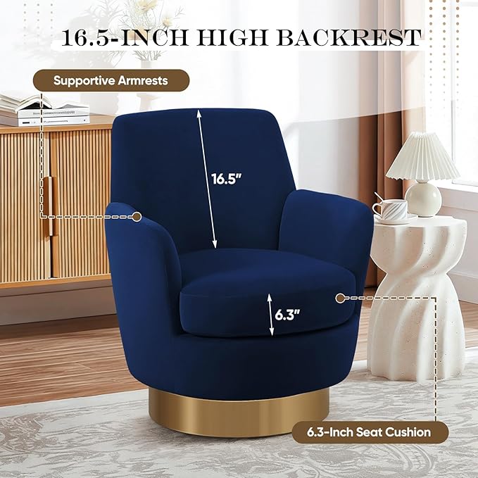 SLEERWAY 360° Swivel Barrel Chair Set of 2 28.3 Modern Velvet Round Accent Chair Comfy Upholstered Small Armchair with Gold Metal Base for Living Room Bedroom Nursery Office Sillas para Sala Navy