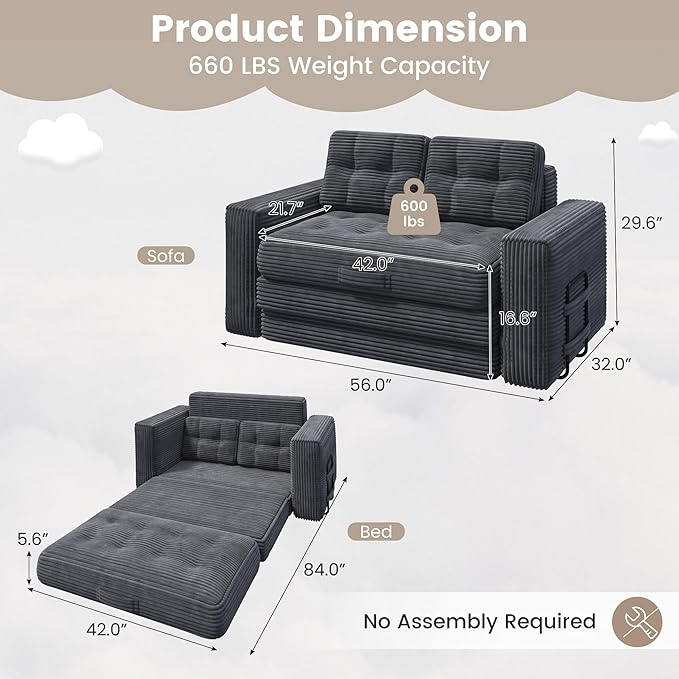 Convertible Sofa Bed 2 in 1 Boneless Couch Bed with 2 Pillows Corduroy Pull out Couch Folding Sofa Bed with Deep Seat Small Loveseat Sleeper Sofa Bed in a Box for Small Spaces No Assembly Required