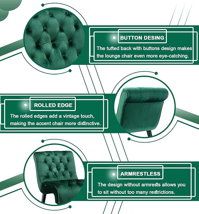Comfy Velvet Accent Chair Upholstered Armless Side Chair for Living Room Modern Small Lounger with Tufted Back and Rolled Edge Design Comfy Reading Chaise Lounge with Solid Rubber Wood Legs Green