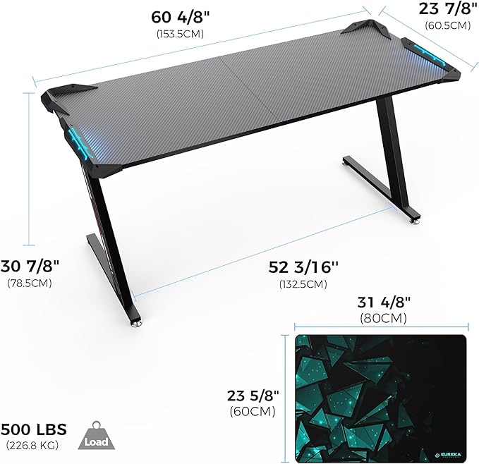 EUREKA ERGONOMIC Gaming Desk with Led Lights RGB Gaming Table60 Inch Computer Desk Home Office Desk Large Table for Study pc Desk with Mouse Pad z60 Gamer Desk