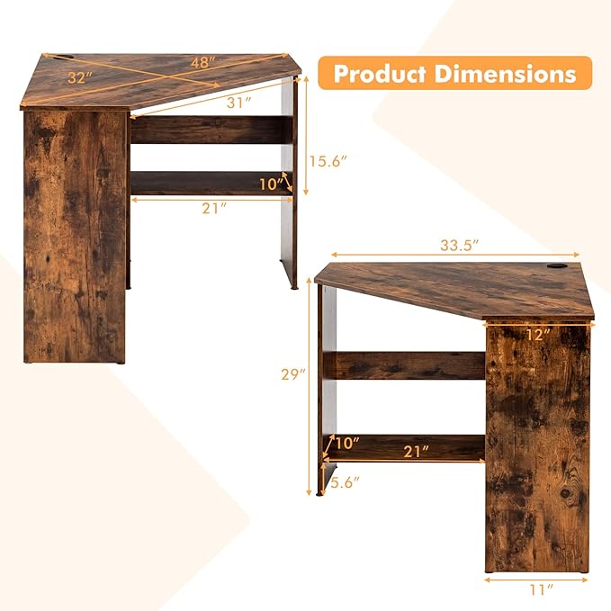 LDAILY Corner Desk Space Saving 90 Degree Triangle Computer Desk with Storage Shelves &amp Cable Holes Wood Compact Corner Writing Table for Small Spaces Home Office Bedroom &amp Living Room Co
