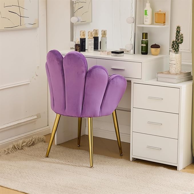 VINGLI Petal Makeup Vanity Chair with BackFlower Cute Girls Desk Chair Comfy No WheelsModern Dining ChairSmall Accent Chair with Adustable Gold Legs&ampBow Pillow for Home OfficeBedroomVelvetPu