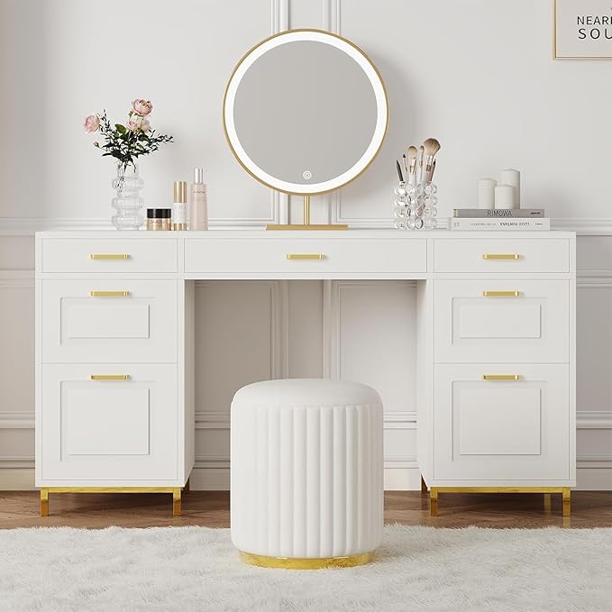 White Desk with 7 Drawers 57 Executive Desk with Storage White and Gold Desk for Bedroom Makeup Vanity Desk with Golden Handle