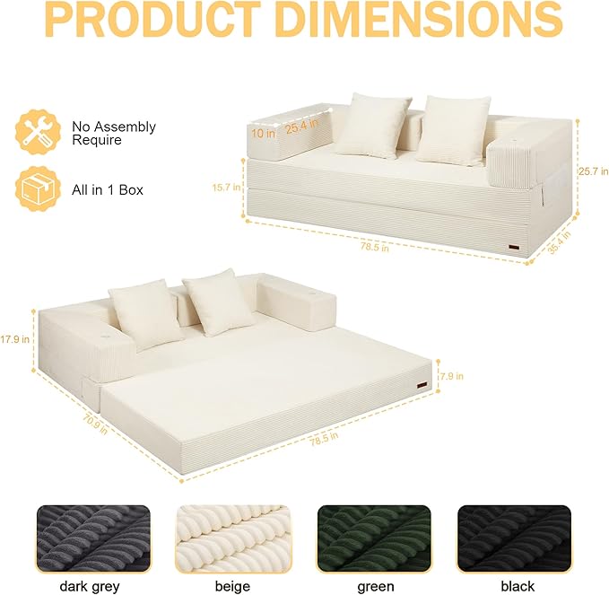 COMAX Boneless Couch Futon Sofa Bed Couches Versatile Queen for Living Room 79 4 in 1 Convertible Sleeper Corduroy Couch Foam in a Box Foldable Fold Out Floor Mattress No Assembly Required Beige