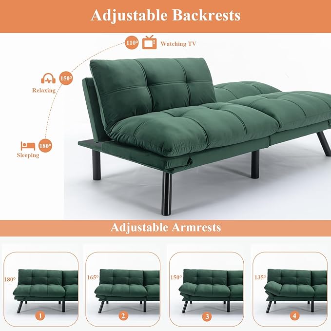Anwick Futon Sofa Bed Velvet Convertible Futon Sleeper Couch 71 Sleeper Sofa Bed with Adjustable Backrest Modern Loveseat Couch for Compact Living Room Apartment Office (Green)