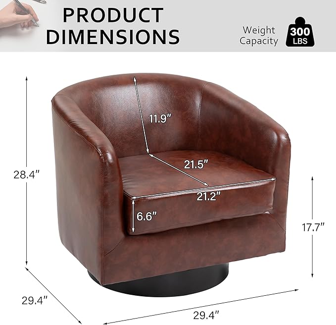 Lumibee Faux Leather Swivel Barrel Chairs Upholstered Comfy Round Swivel Accent Chair 360° Rotation Single Sofa Club Armchair for Living Room Reading Room Bedroom Red Brown