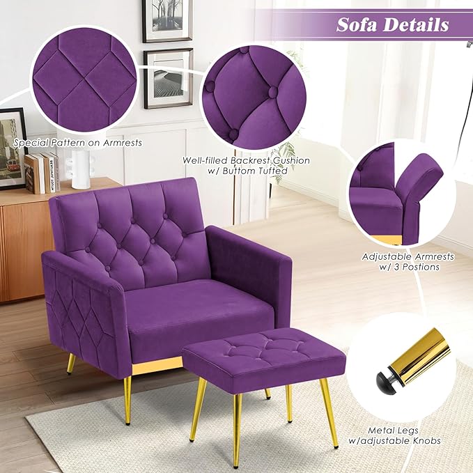 Velvet Accent Chair w/Adjustable Armrests and Backrests Tufted Single Sofa with Ottoman Upholstered Reading Chiar for Living Room Apartment Bedroom Purple