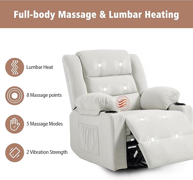Swivel Rocking Recliner Chair with Massage and HeatOversized Rocker Recliner for Adults Upholstered Fabric Reclining Single Sofa Chair for Living RoomNursery (Beige New)