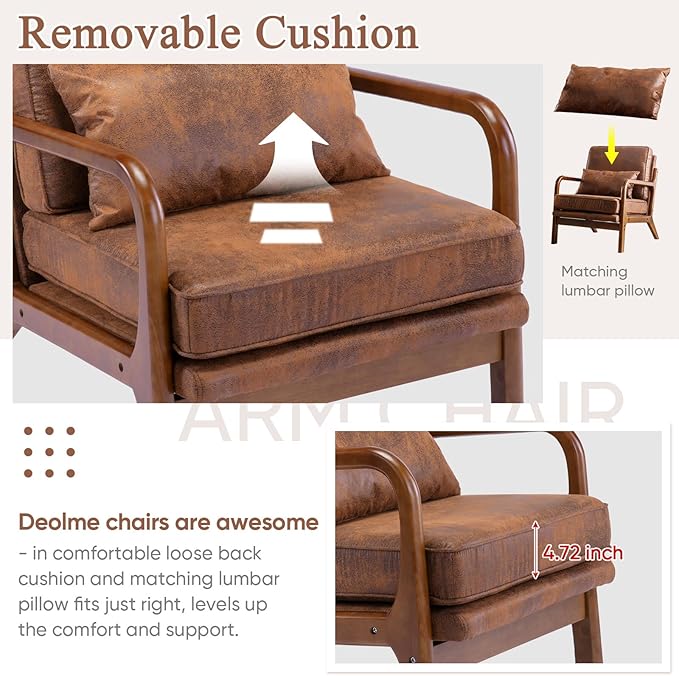 Mid Century Modern Accent Chair Set of 2 Living Room- Comfy Solid Wood Arm Chair with Lumber Pillow Lounge Decorative Brown Leather Office Side Chair Bedroom Reading Nook Sillas De Sala Microfiber