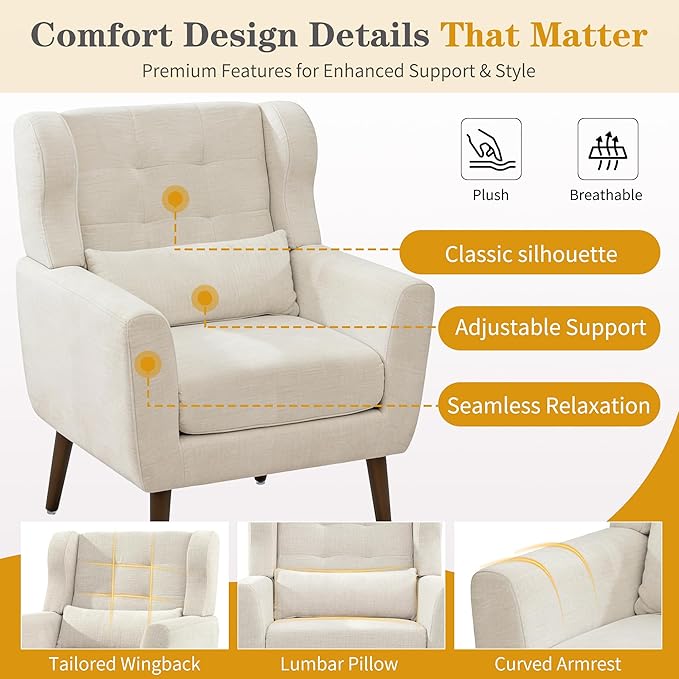 Modern Accent Chair Upholstered Armchair with Pillow Fabric Single Sofa Chair with Lounge Seat and Wood Legs Accent Chair for Living Room Bedroom Small Spaces (Beige Set of 2)