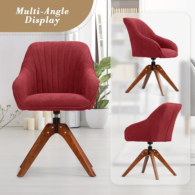 Athena Collection Swivel Modern Accent Chair Linen Upholstered Armchair Office Desk Chair No Wheels with Wooden Legs Comfy Vanity Chair Reading Chair for Bedroom Living Room Office Red