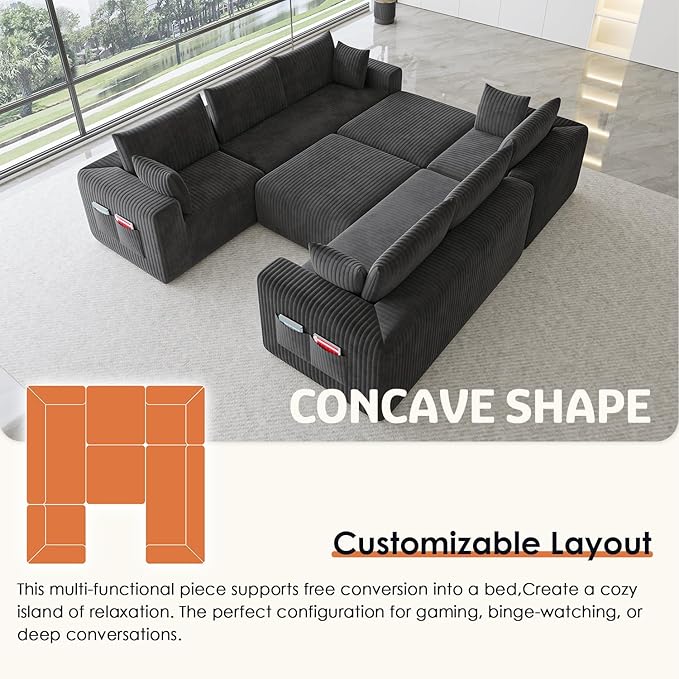 146 Oversized Boneless Couch Modular Sectional Couches for Living Room U-Shaped Deep Seat Chaise with Side Pockets No Assembly Required Plush Corduroy Fabric Sleeper Sofa Dark Gray