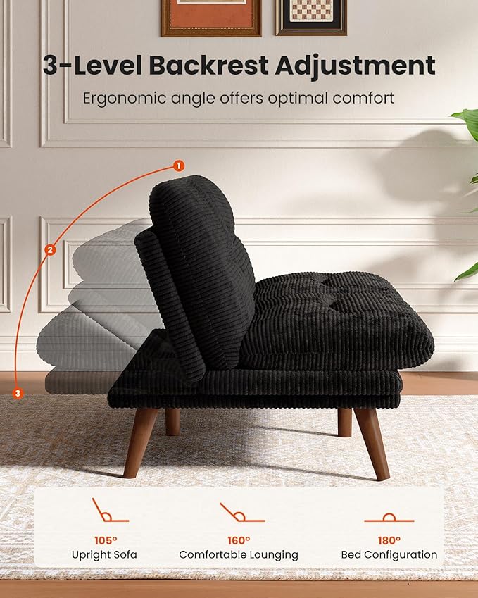 Amada 66 Convertible Futon Sofa Bed Corduroy Folding Futon Set with Adjustable Backrest &ampArmrests Recliner Lounge for Living Room Apartment or Office Solid Wood Frame Loveseat Sofa - Black