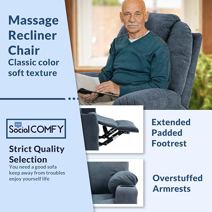 Manual 360° Swivel Rocker Recliner Chair Ergonomic Fabric Lounge Sofa Chair Glider Rocking Heated Massage Chair with Side Pockets 2 Cup Holders &amp USB Ports for Living Room Bluish Grey