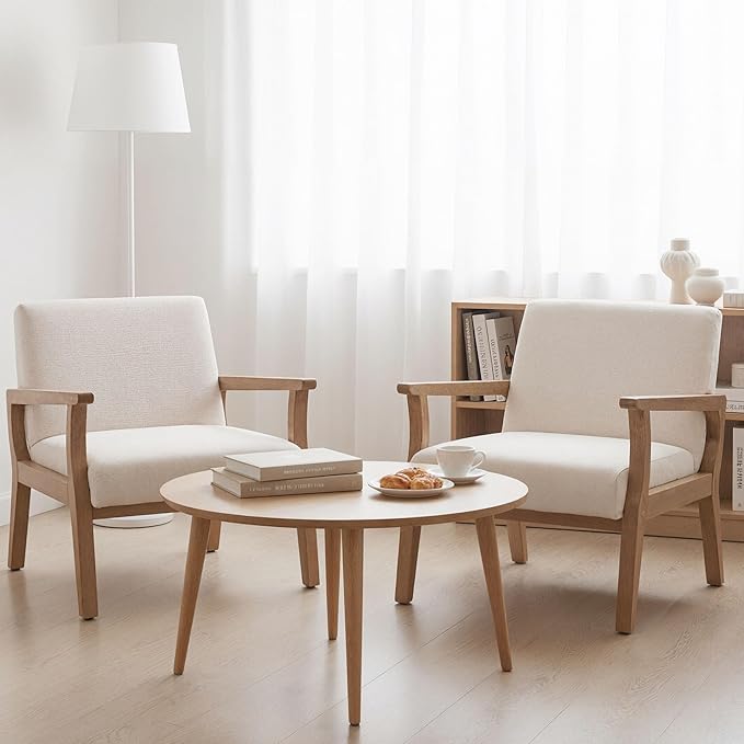 HNY Mid Century Modern Accent Chairs with Wood Frames Linen Upholstered Living Room Arm Chairs for Living Room Bedroom