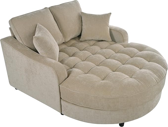 55 Oversized Chaise Lounge Chair Indoor Modern Lounge Sofa Bed with Tufted Seat and Detachable Pillows Chenille Fabric Upholstered Sofa Couch for Living Room (Champagne/175)