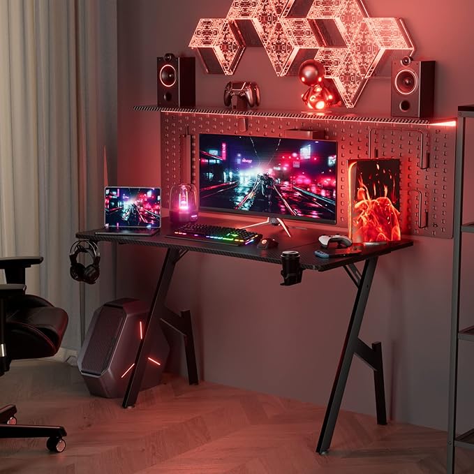 HLDIRECT 55 Inch Gaming Desk Large Computer Desk Gaming Table with Cable Management Ergonomic Carbon Fiber Gamer Table Pc Work Home Office Desks with Cup Holder &amp Headphone Hook &amp Mouse Pad