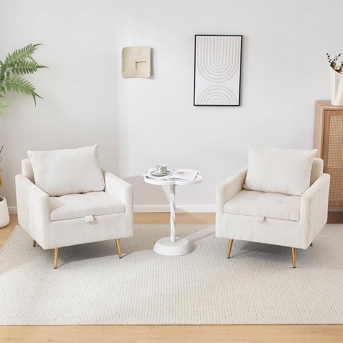 Furnimart Beige Mid-Century Modern Corduroy Storage Accent Chair with Arm 1-Seater Built-in Storage Reading Chair for Bedroom Living Room Apartment