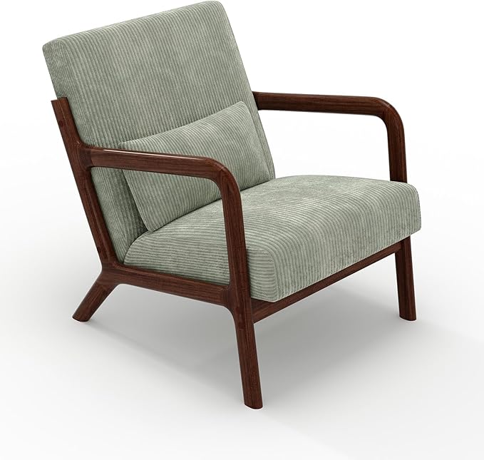 GarveeHome Mid-Century Accent Chair Cozy Wide-Wale Corduroy Reading and Lounge Armchair with Lumbar Pillow Modern Wood Frame for Living Room Bedroom Office Green