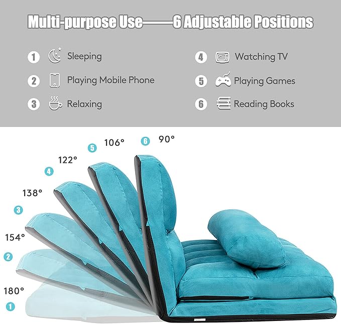DORTALA Foldable Floor Sofa 6-Position Adjustable Lounge Couch with 2 Pillows &amp Suede Cloth Cover Modern Lounge Mattress Video Gaming Lazy Couch Suede Floor Seating Sofa 71 x 44.5 Blue
