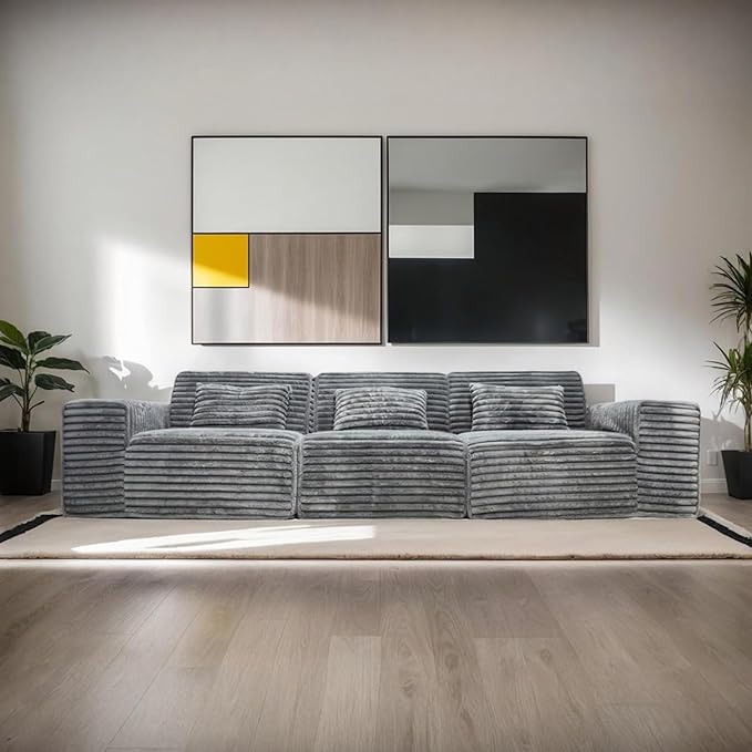 MEISIMAN 118” Modular Sectional Sofa Cloud Couch - Compressed Sofa Soft Corduroy Fabric &amp Memory Foam Couch for Living Room No Assembly Required (Dark Gray)
