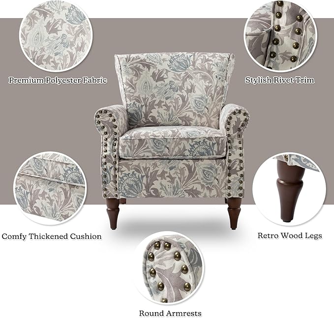HULALA HOME Modern Wingback Accent Chair with Wood Legs &amp Removable Cushion Comfy Upholstered Armchair with Nailhead Trim Floral Pattern Single Sofa Chair for Living Room Bedroom Grey