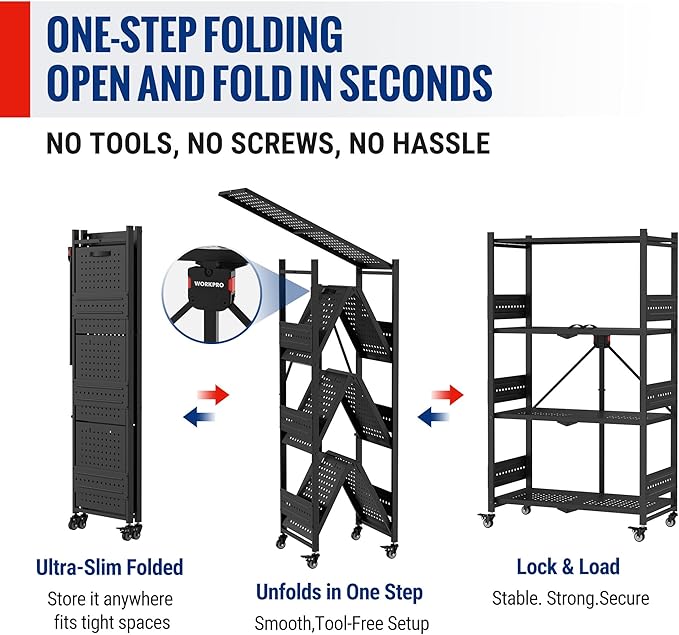 WORKPRO 4-Tier Folding Shelf No-Assembly Metal Storage Rack with Wheels 600 lbs Capacity (with Leveling Feet) Collapsible Shelving Unit for Kitchen Pantry Bathroom &amp Closet Organization